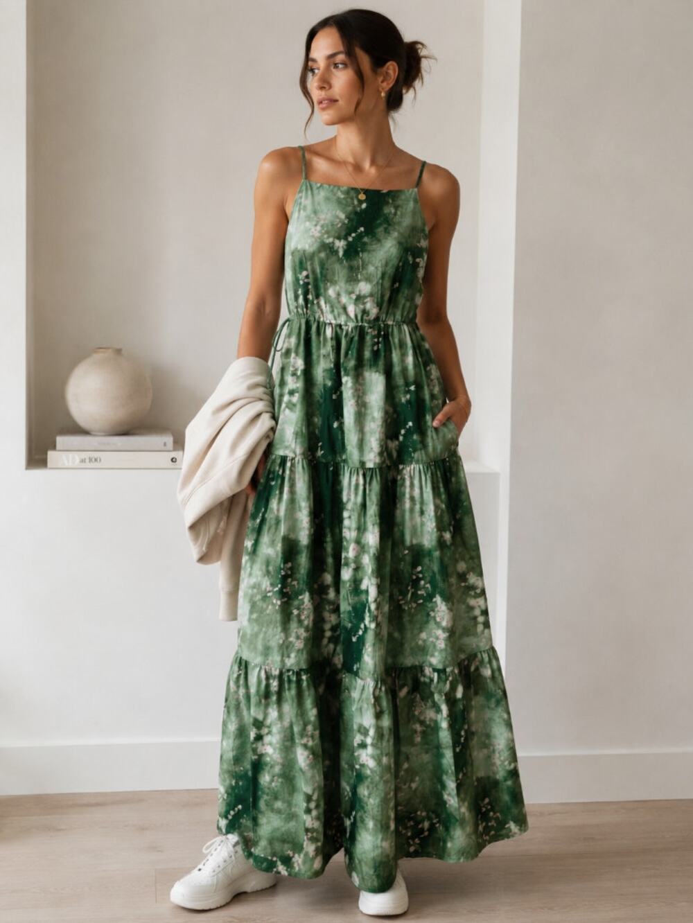 SWEATY BETTY Tiered Watercolor Nylon Maxi Dress Green Purple Sz XXL $178 {3F29}